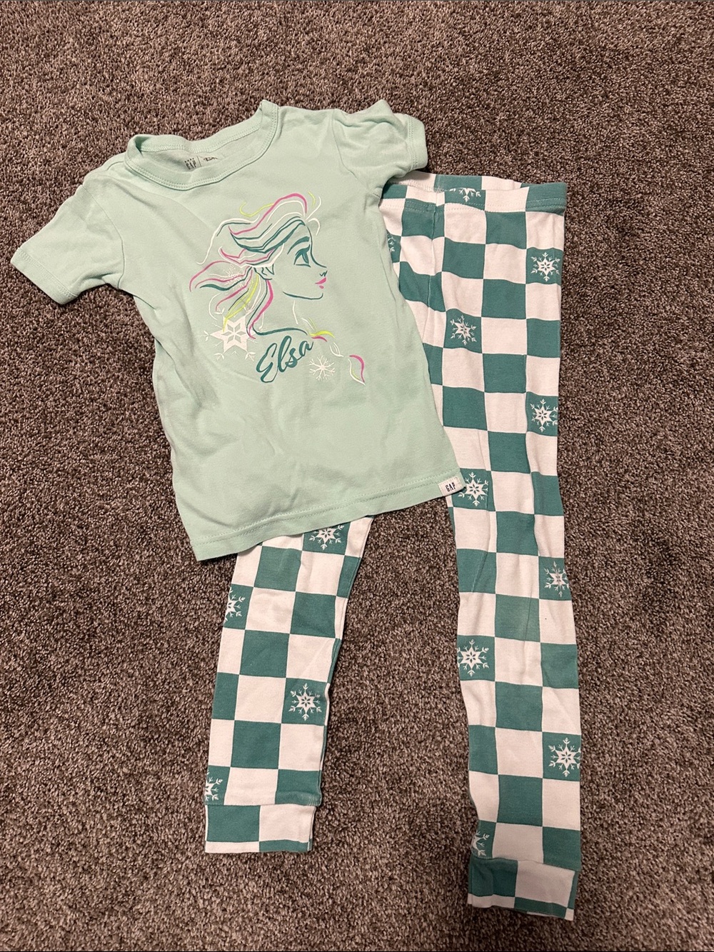 GAP Elsa Mint Green Top with Green and White Check Snowflake Pants